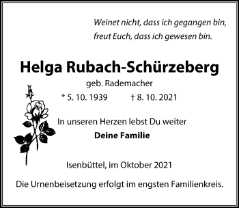 Traueranzeige von Helga Rubach-Schürzeberg von Aller Zeitung