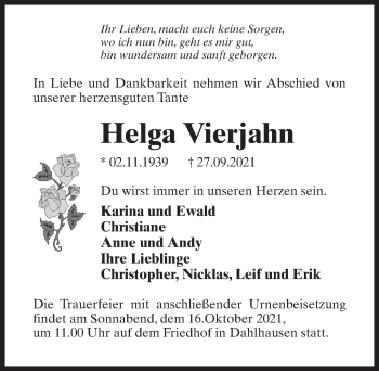 Traueranzeige von Helga Vierjahn von Märkischen Allgemeine Zeitung