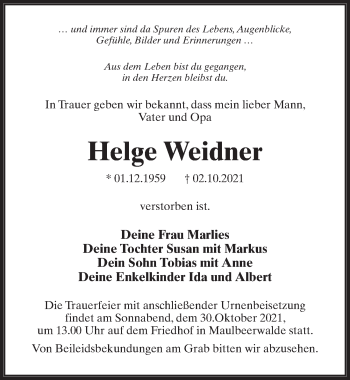 Traueranzeige von Helge Weidner von Märkischen Allgemeine Zeitung