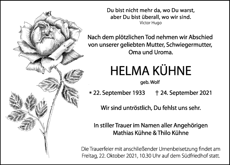  Traueranzeige für Helma Kühne vom 09.10.2021 aus Leipziger Volkszeitung