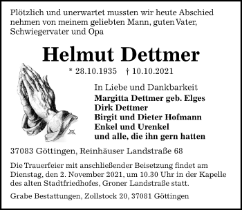 Traueranzeige von Helmut Dettmer von Göttinger Tageblatt