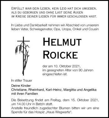 Traueranzeige von Helmut Roicke von Märkischen Allgemeine Zeitung