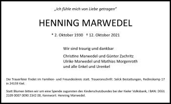 Traueranzeige von Henning Mawedel von Kieler Nachrichten