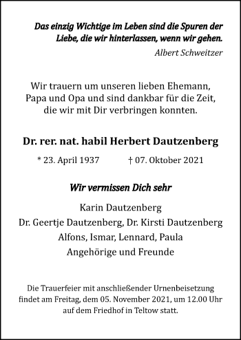 Traueranzeige von Herbert Dautzenberg von Märkischen Allgemeine Zeitung