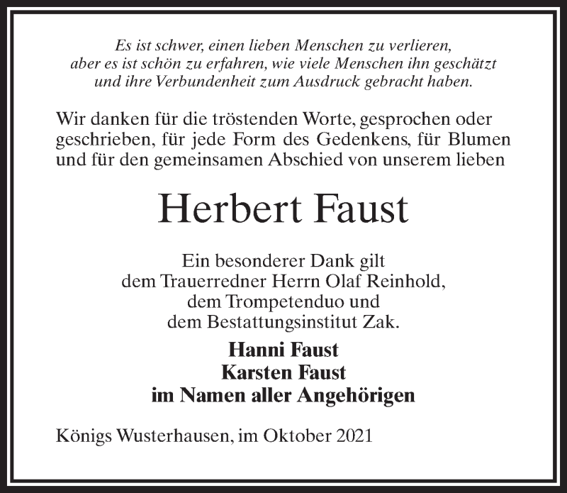  Traueranzeige für Herbert Faust vom 16.10.2021 aus Märkischen Allgemeine Zeitung