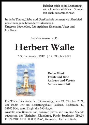 Traueranzeige von Herbert Walle von Kieler Nachrichten