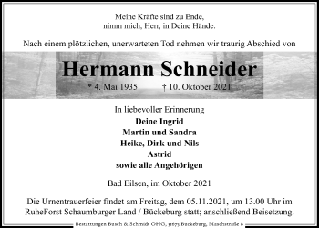 Traueranzeige von Hermann Schneider von Schaumburger Nachrichten