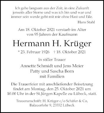 Traueranzeige von Hermann H. Krüger von Lübecker Nachrichten