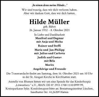 Traueranzeige von Hilde Müller von Hannoversche Allgemeine Zeitung/Neue Presse