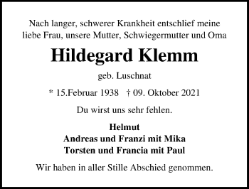 Traueranzeige von Hildegard Klemm von Lübecker Nachrichten