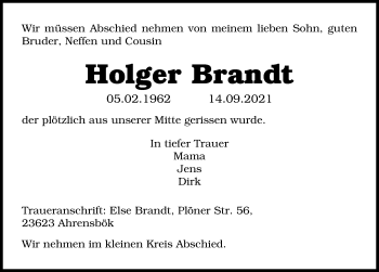 Traueranzeige von Holger Brandt von Lübecker Nachrichten