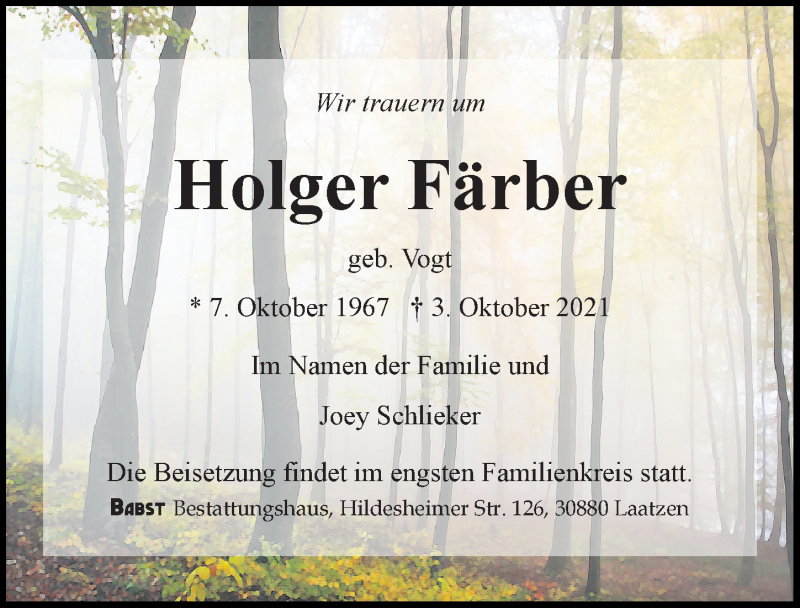  Traueranzeige für Holger Färber vom 09.10.2021 aus Hannoversche Allgemeine Zeitung/Neue Presse