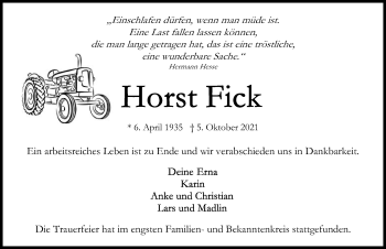 Traueranzeige von Horst Fick von Lübecker Nachrichten