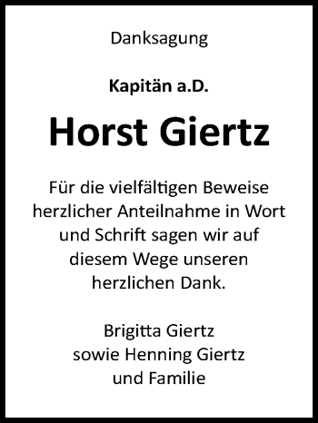 Traueranzeige von Horst Giertz von Lübecker Nachrichten