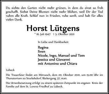 Traueranzeige von Horst Lötgens von Lübecker Nachrichten