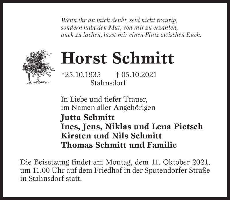  Traueranzeige für Horst Schmitt vom 09.10.2021 aus Märkischen Allgemeine Zeitung