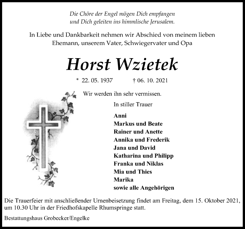  Traueranzeige für Horst Wzietek vom 09.10.2021 aus Eichsfelder Tageblatt