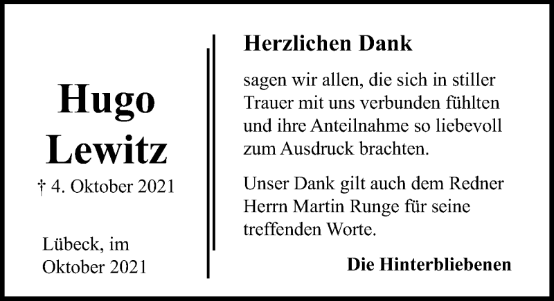 Traueranzeige für Hugo Lewitz vom 31.10.2021 aus Lübecker Nachrichten