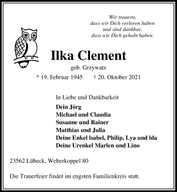 Traueranzeige von Ilka Clement von Lübecker Nachrichten