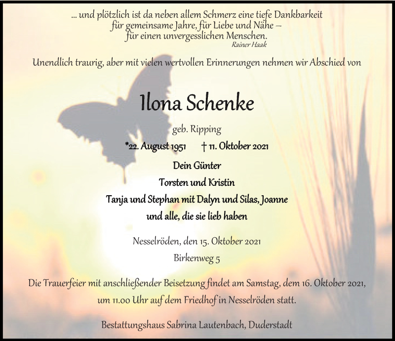  Traueranzeige für Ilona Schenke vom 15.10.2021 aus Göttinger Tageblatt