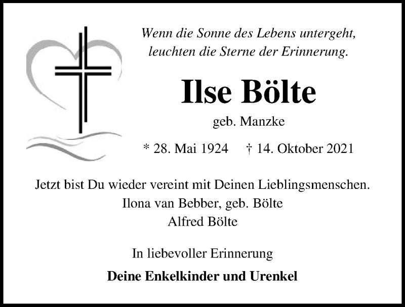  Traueranzeige für Ilse Bölte vom 23.10.2021 aus Ostsee-Zeitung GmbH