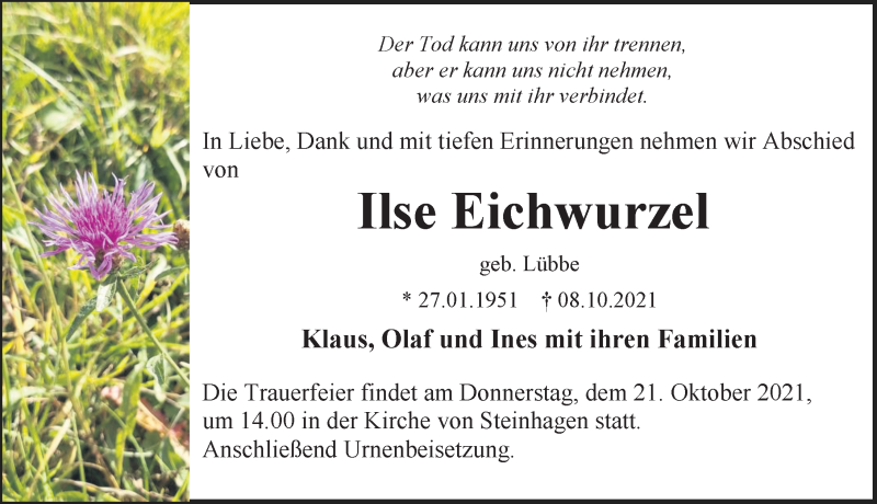  Traueranzeige für Ilse Eichwurzel vom 16.10.2021 aus Ostsee-Zeitung GmbH