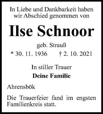 Traueranzeige von Ilse Schnoor von Lübecker Nachrichten