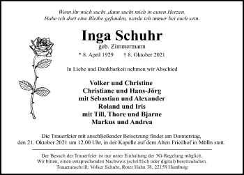 Traueranzeige von Inga Schuhr von Lübecker Nachrichten