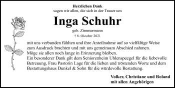Traueranzeige von Inga Schuhr von Lübecker Nachrichten