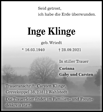 Traueranzeige von Inge Klinge von Kieler Nachrichten