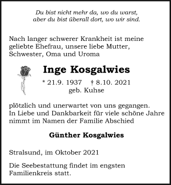 Traueranzeige von Inge Kosgalwies von Ostsee-Zeitung GmbH