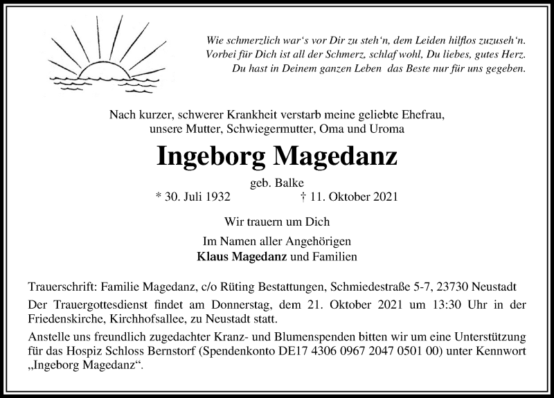  Traueranzeige für Ingeborg Magedanz vom 19.10.2021 aus Lübecker Nachrichten