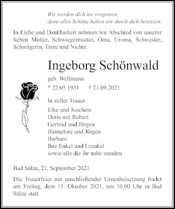 Traueranzeige von Ingeborg Schönwald von Ostsee-Zeitung GmbH