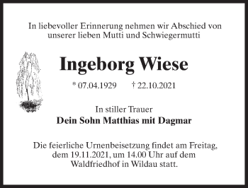 Traueranzeige von Ingeborg Wiese von Märkischen Allgemeine Zeitung