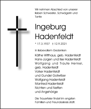Traueranzeige von Ingeburg Hadenfeldt von Lübecker Nachrichten