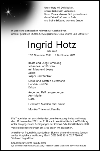 Traueranzeige von Ingrid Hotz von Aller Zeitung