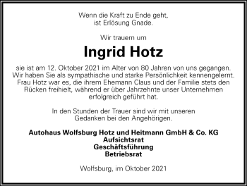 Traueranzeige von Ingrid Hotz von Aller Zeitung