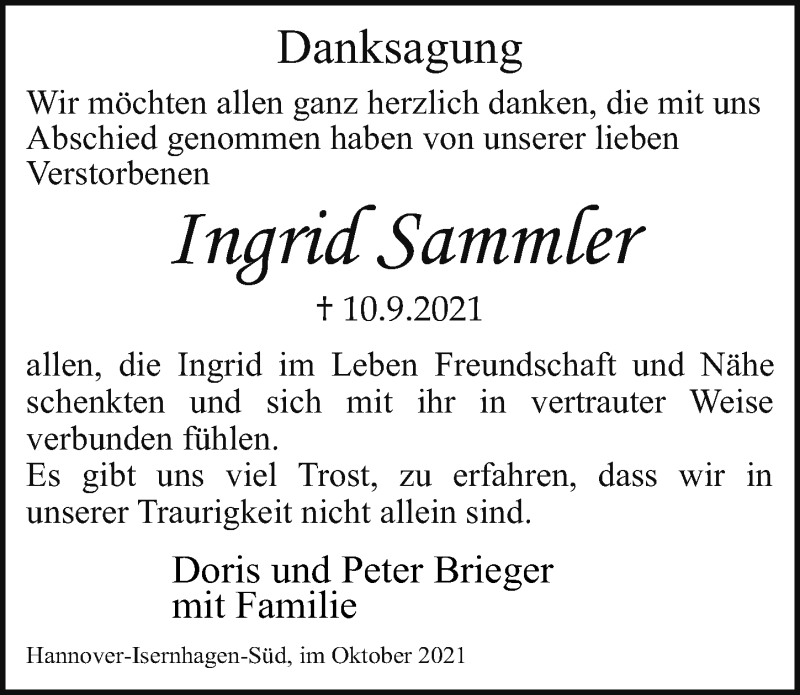  Traueranzeige für Ingrid Sammler vom 06.10.2021 aus Hannoversche Allgemeine Zeitung/Neue Presse