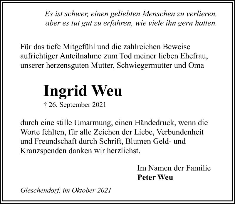  Traueranzeige für Ingrid Weu vom 31.10.2021 aus Lübecker Nachrichten