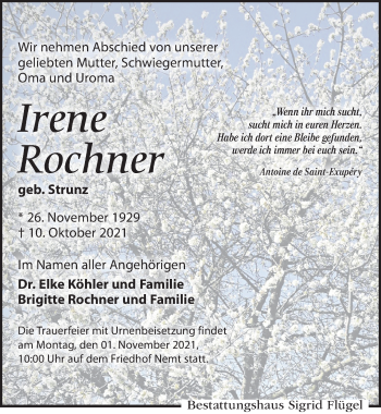 Traueranzeige von Irene Rochner von Leipziger Volkszeitung