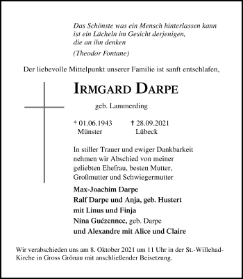 Traueranzeige von Irmgard Darpe von Lübecker Nachrichten