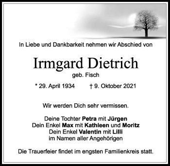 Traueranzeige von Irmgard Dietrich von Märkischen Allgemeine Zeitung