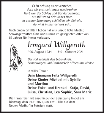 Traueranzeige von Irmgard Willgeroth von Märkischen Allgemeine Zeitung