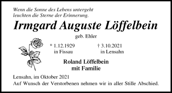 Traueranzeige von Irmgard Auguste Löffelbein von Lübecker Nachrichten