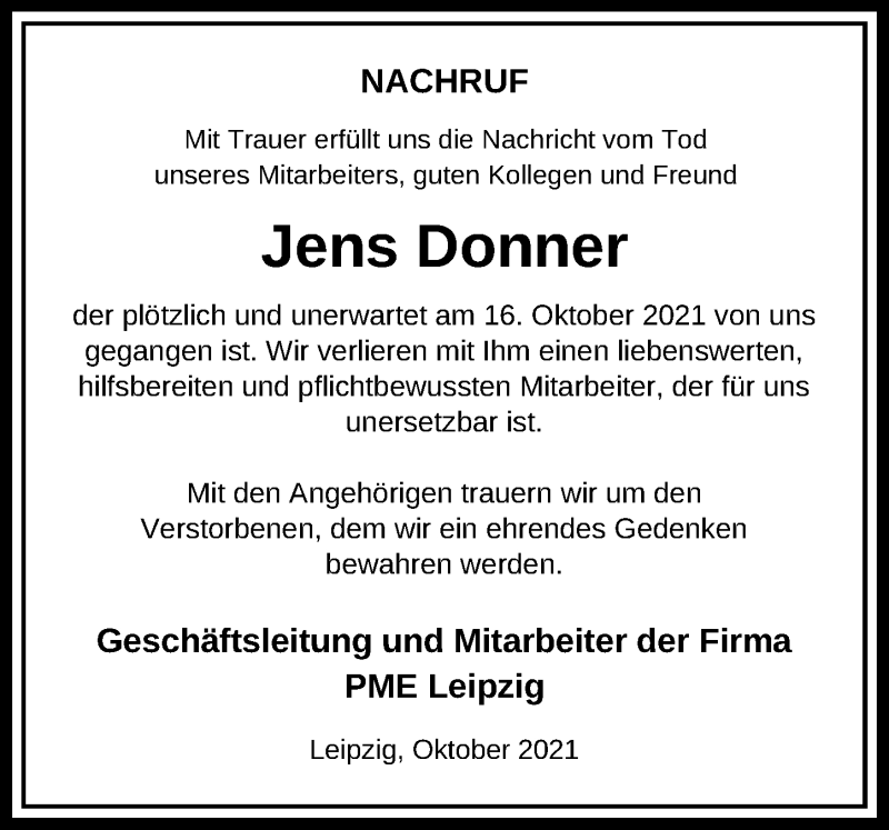  Traueranzeige für Jens Donner vom 30.10.2021 aus Leipziger Volkszeitung
