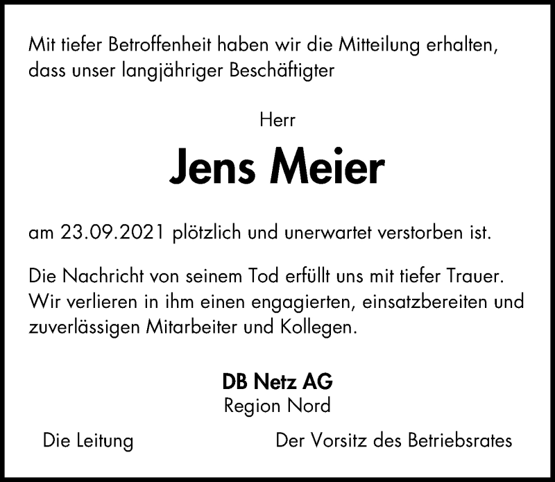  Traueranzeige für Jens Meier vom 13.10.2021 aus Hannoversche Allgemeine Zeitung/Neue Presse
