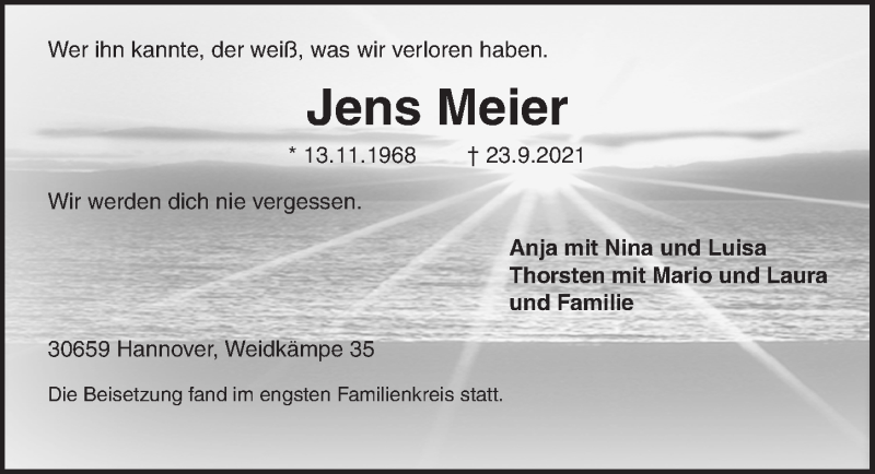  Traueranzeige für Jens Meier vom 09.10.2021 aus Hannoversche Allgemeine Zeitung/Neue Presse