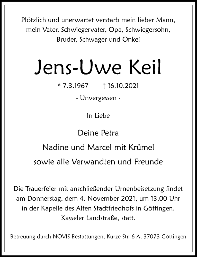  Traueranzeige für Jens-Uwe Keil vom 23.10.2021 aus Göttinger Tageblatt