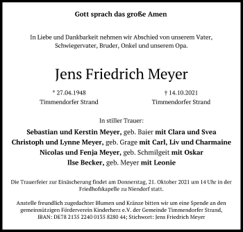 Traueranzeige von Jens Friedrich Meyer von Lübecker Nachrichten