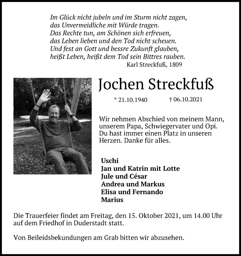  Traueranzeige für Jochen Streckfuß vom 09.10.2021 aus Eichsfelder Tageblatt